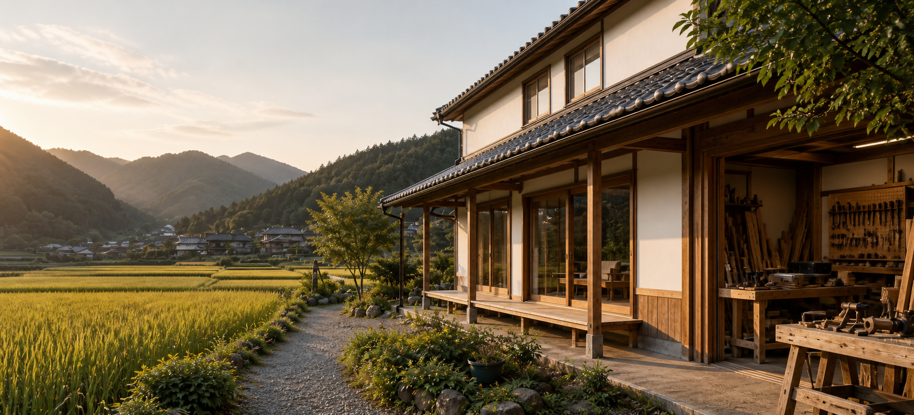 田園と山並みに囲まれた木造住宅と小さな作業場